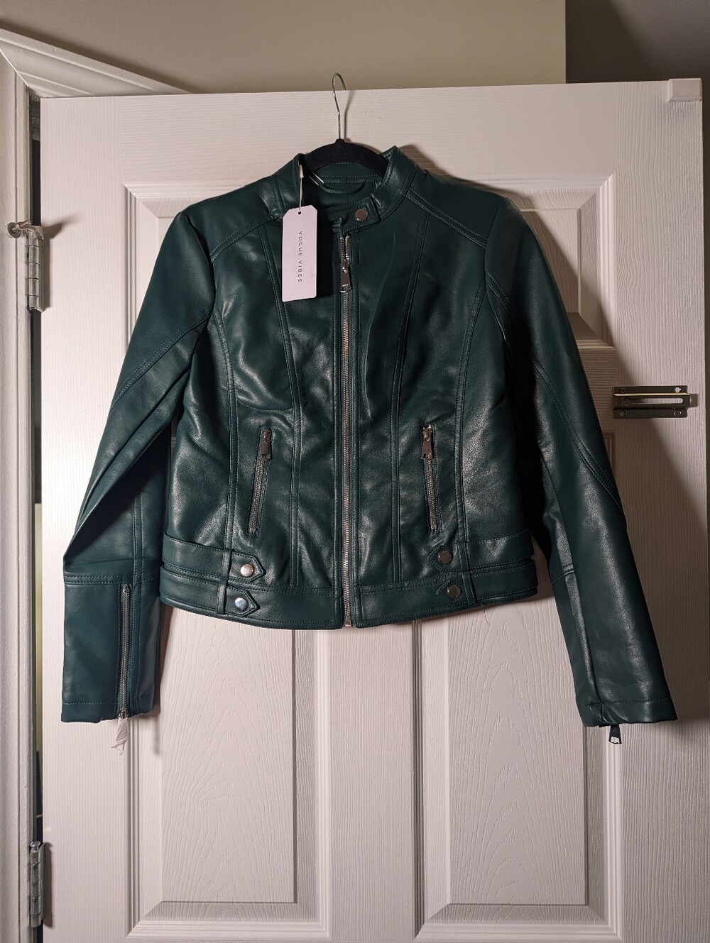 Vogue Vibes Faux Leather Moto Jacket Deep Teal Green Zip Front Size S / 4 NWT